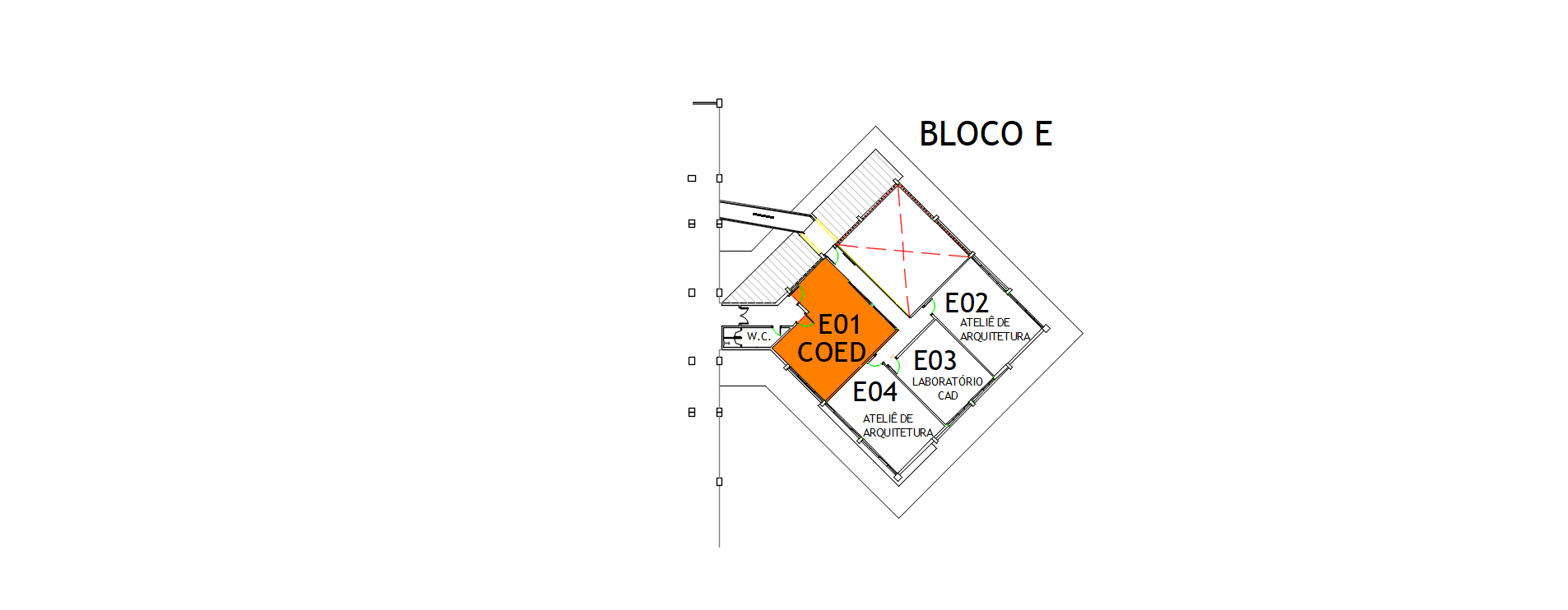 Visão da planta baixa esquemática do Andar Superior localizado no Bloco E