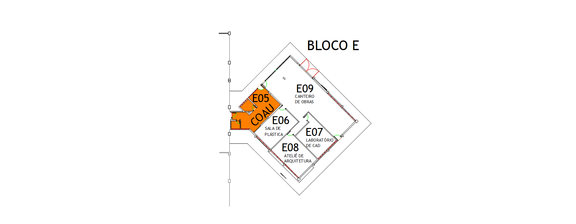Visão da planta baixa esquemática do Andar Inferior (Subsolo) localizado no Bloco E