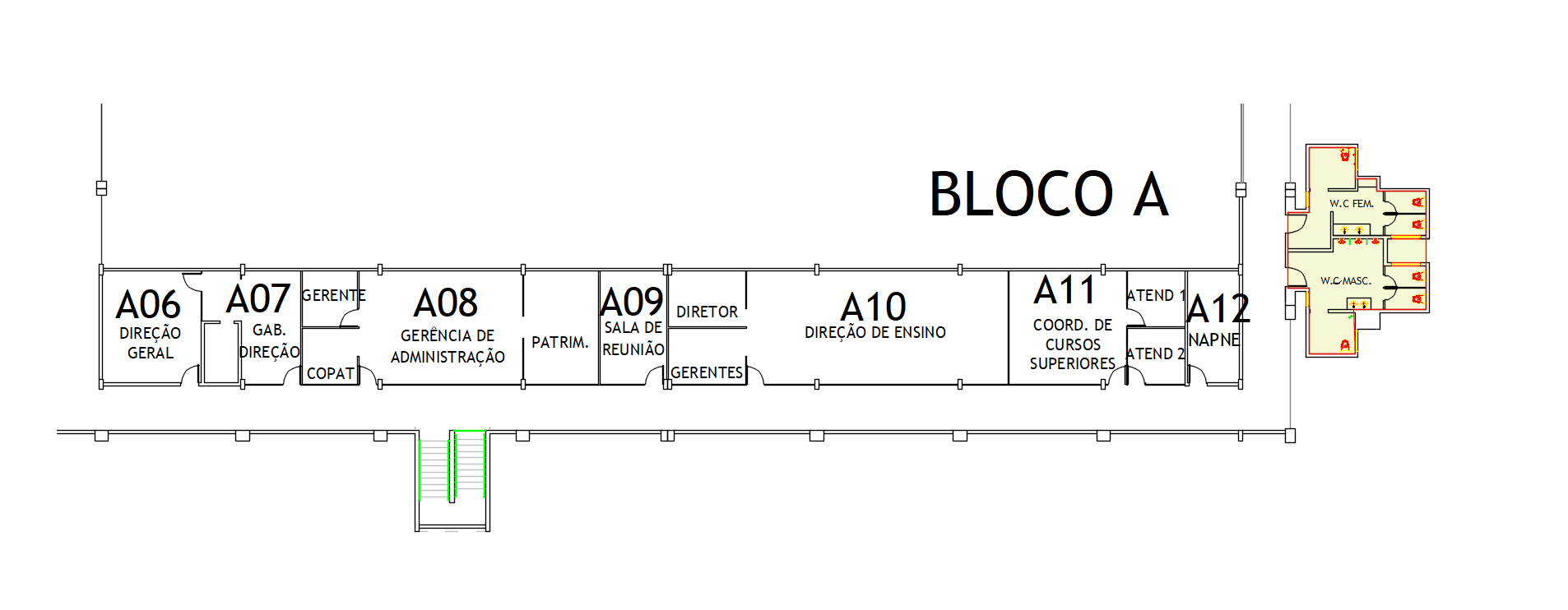 Visão da planta baixa esquemática do Andar Superior localizado no Bloco A