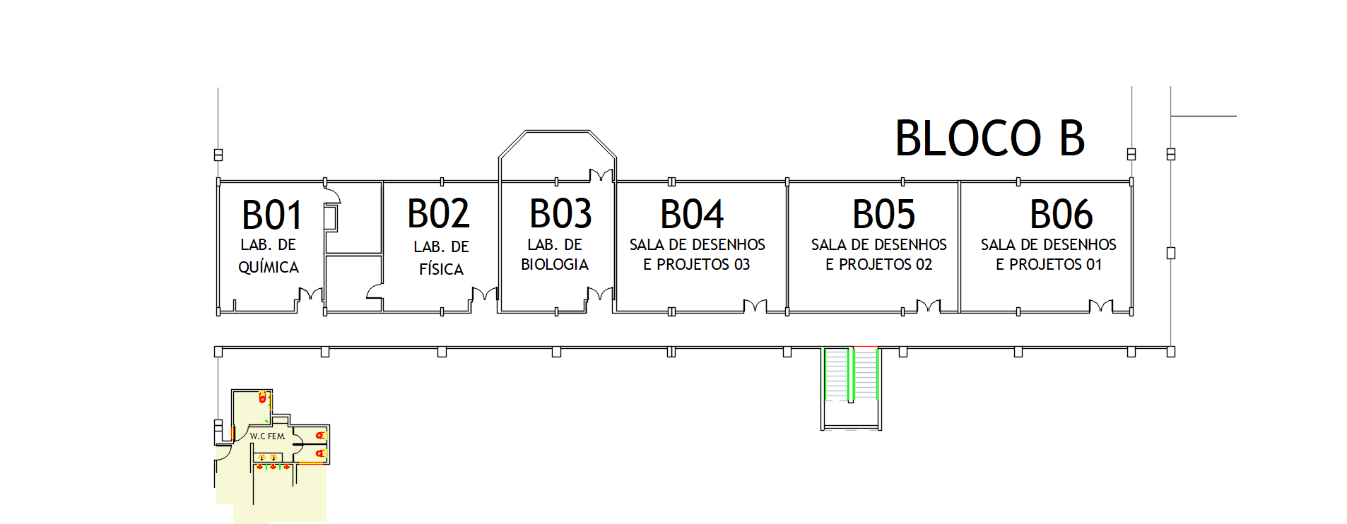 Visão da planta baixa esquemática do Andar Inferior localizado no Bloco B