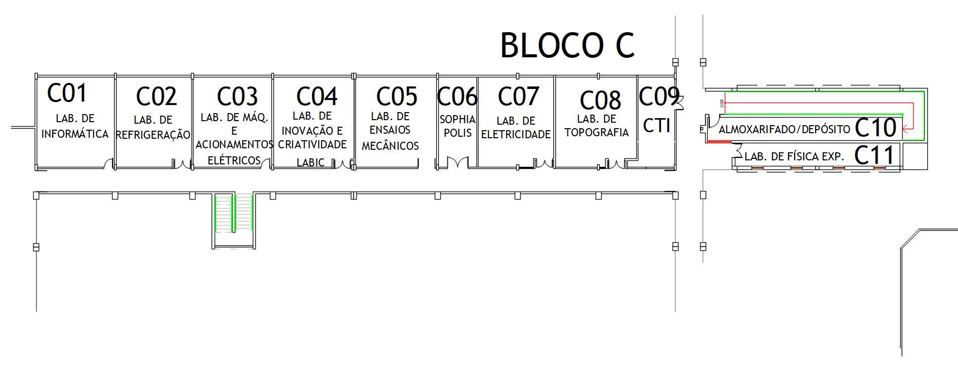 Visão da planta baixa esquemática do Andar Inferior localizado no Bloco C